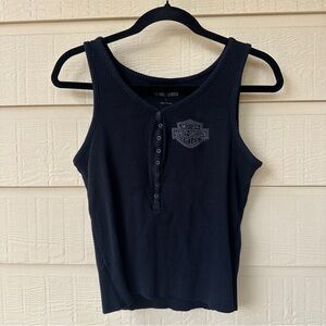 Harley-Davidson Black Ribbed Henley Tank Top with Logo